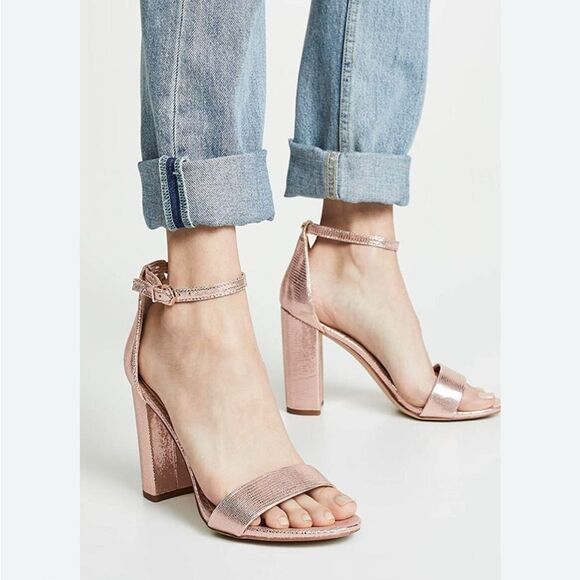 Sam Edelman YARO Rose Gold Leather Metallic Reptile Chunky 4" Open Toe Sandals - Picture 1 of 16